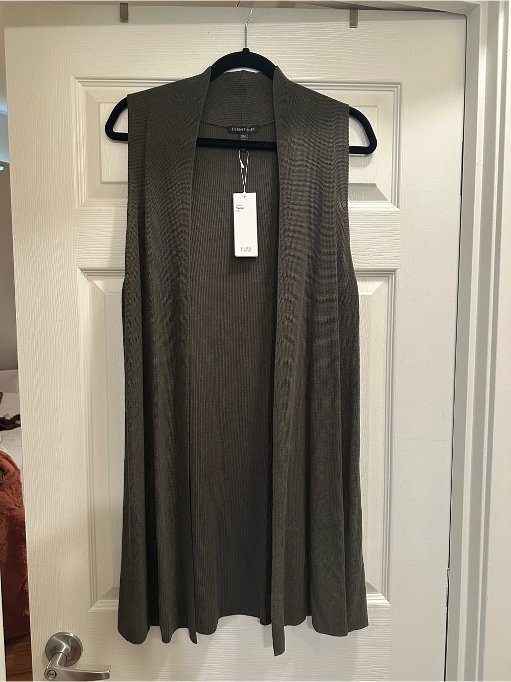 Eileen Fisher sleeveless “Sleek Tencel Rib Open Oval Vest” in Olive Green